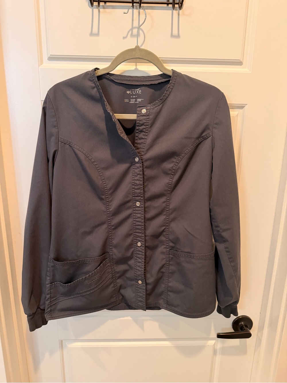 Luxe Women's Snap-Front Utility Scrub Jacket in Charcoal